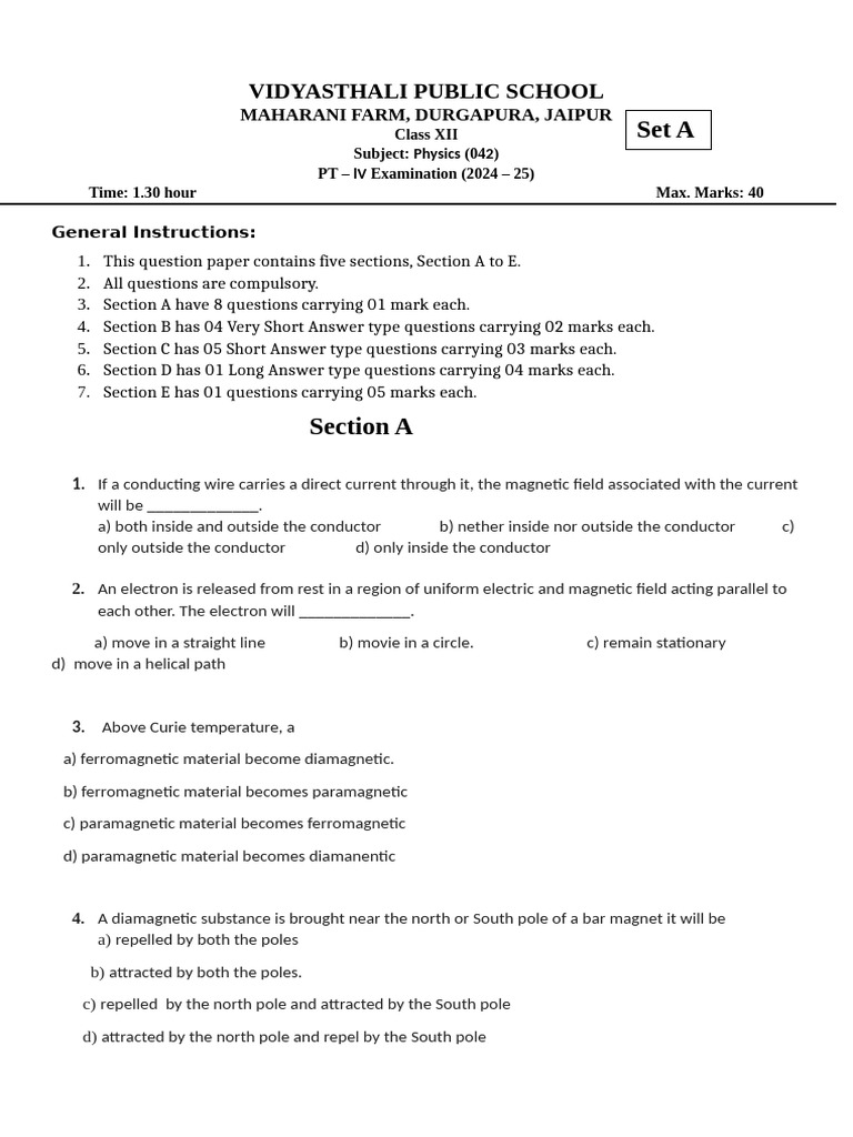 PT-4A 12 Phy | PDF | Magnetic Field | Electromagnetic Induction