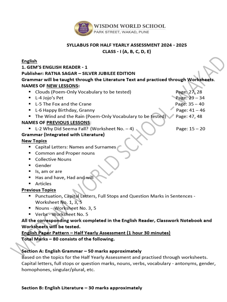 32zptmiri8_STD 1 SYALLABUS FOR HYA 2024-2025 | PDF | English Language ...
