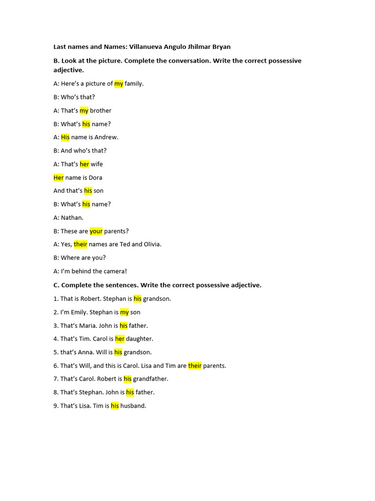 Family Names and Possessive Adjectives | PDF
