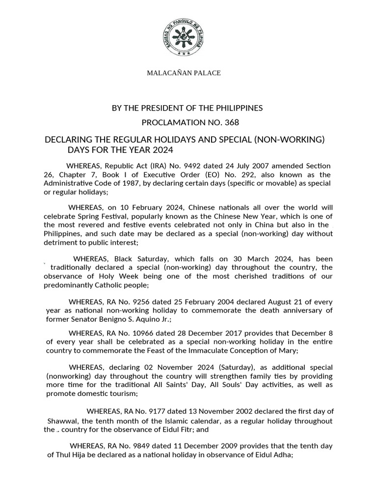 2024 Philippine Holidays Proclamation | PDF | Observances | Philippines