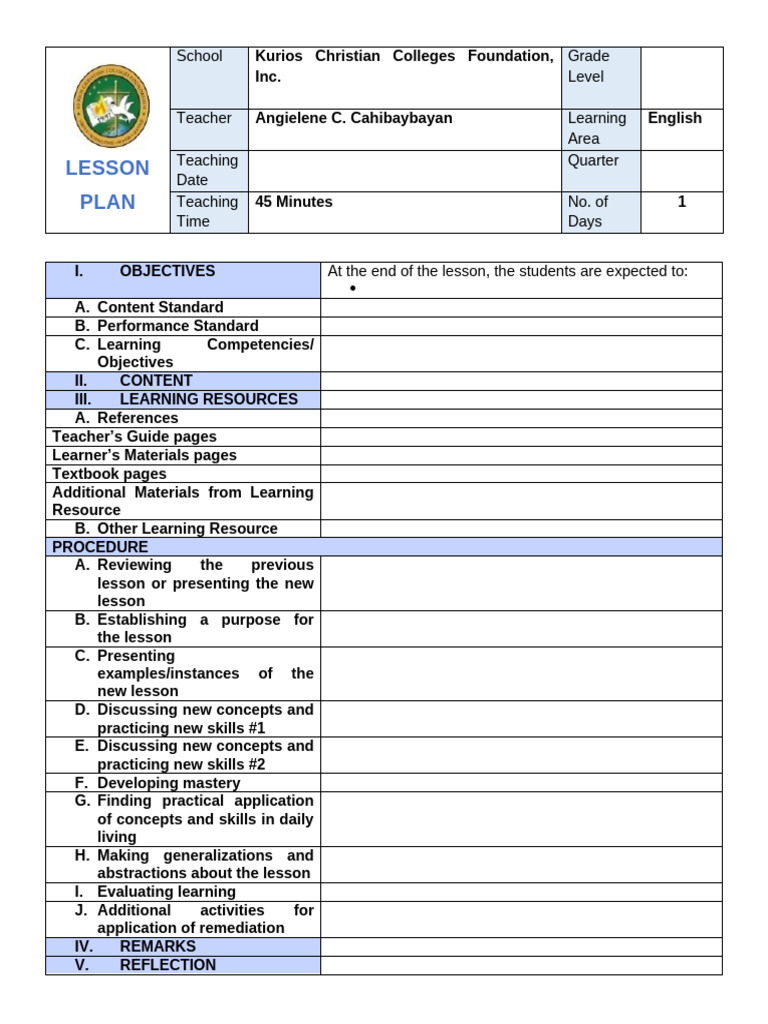 English Lesson Plan for Grade Level | PDF
