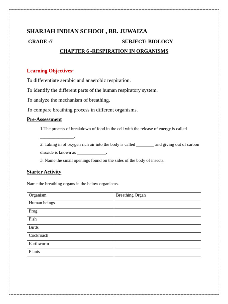 Respiration in Organisms: Class 7 Guide | PDF