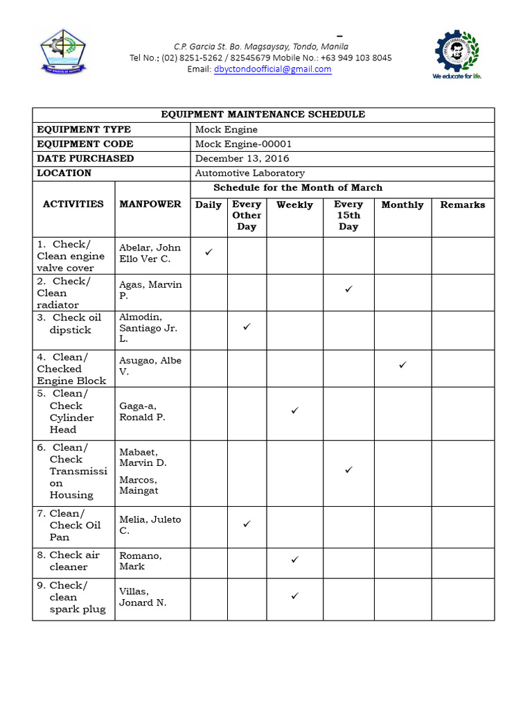 Equipment Maintenance Schedule PDF | PDF