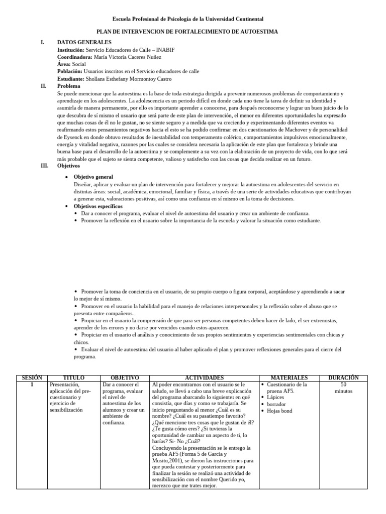 Plan de Intervención para Autoestima Adolescentes | PDF | Autoestima ...