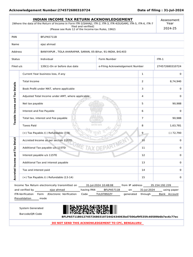 Indian Income Tax Return Acknowledgement 2024 | PDF | Taxes | Income