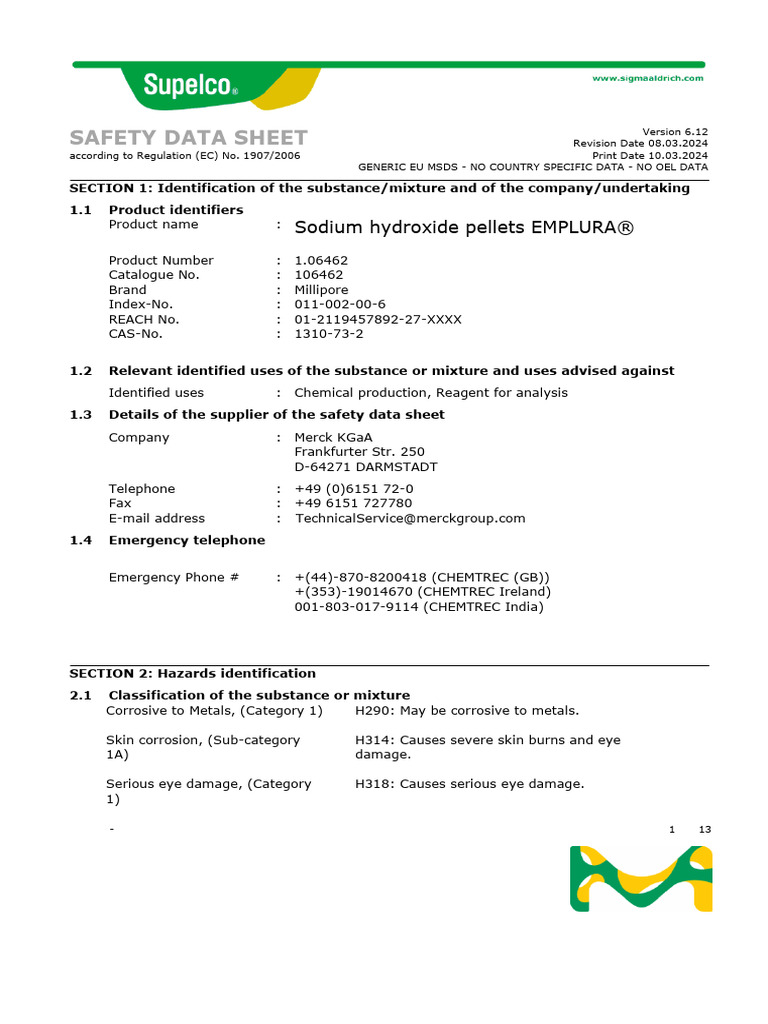 Sodium Hydroxide Pellets Safety Data Sheet | PDF | Dangerous Goods ...