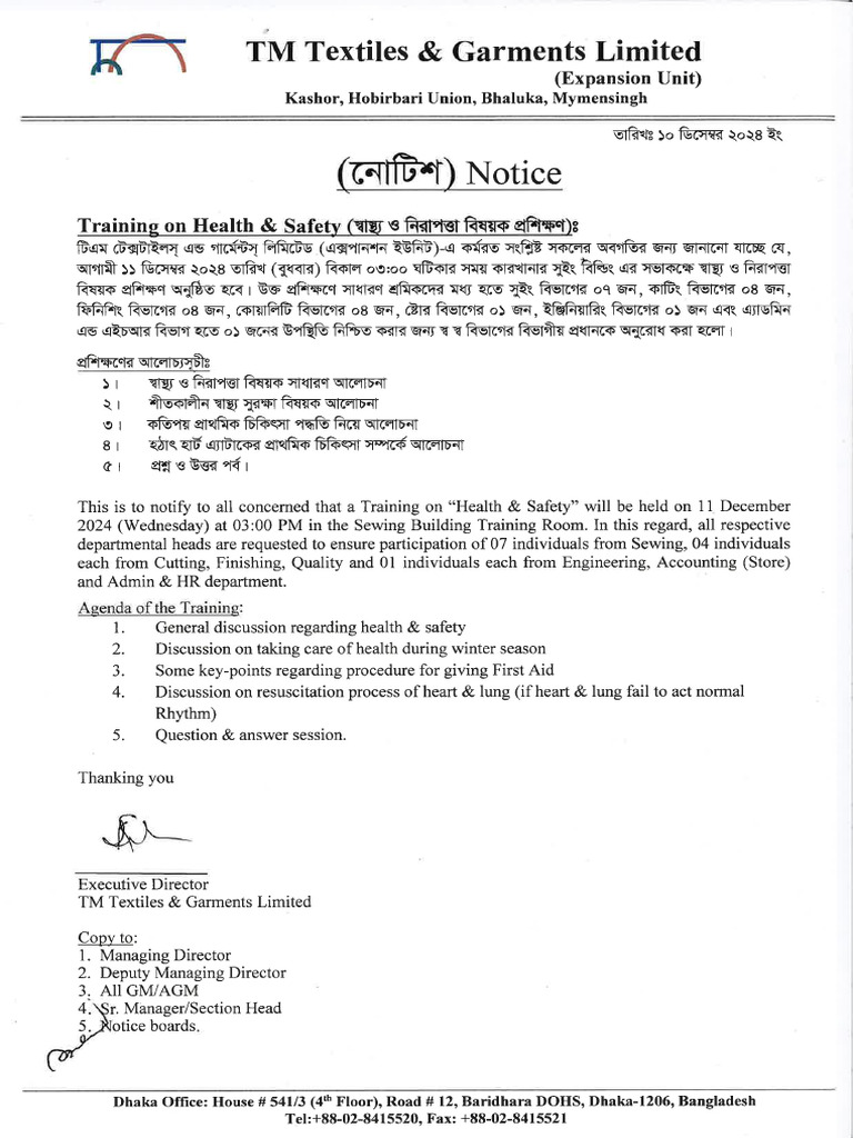 Notice For Training On Health & Safety | PDF