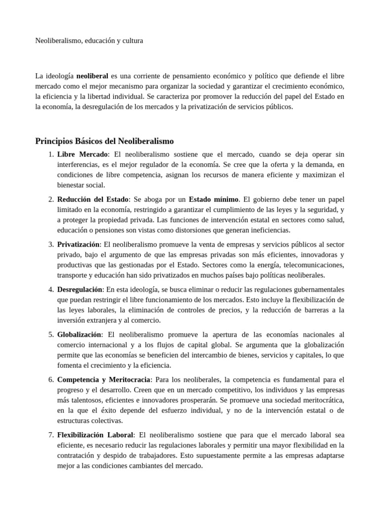 Neoliberalismo y su Impacto en Educación | PDF | Neoliberalismo ...