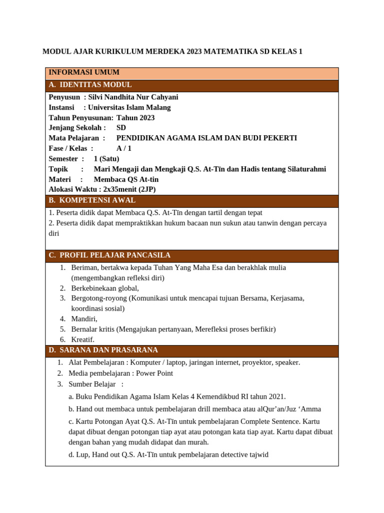 Modul Ajar Matematika SD Kelas 1 2023 | PDF