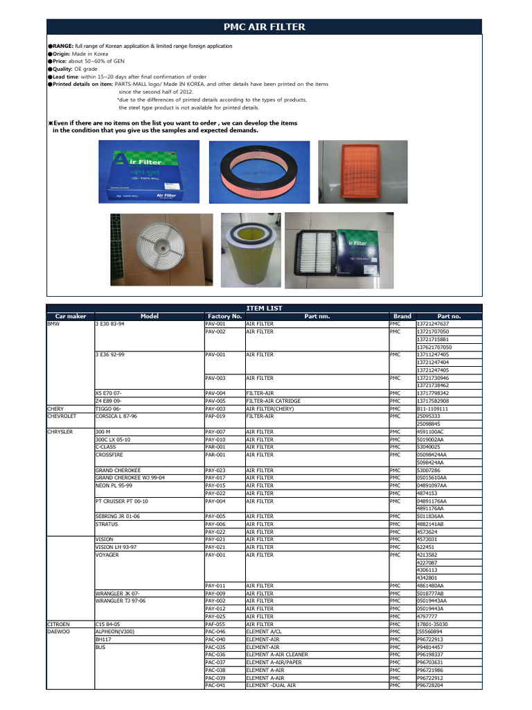 Korean Air Filters for Various Models | PDF | Motor Vehicle ...