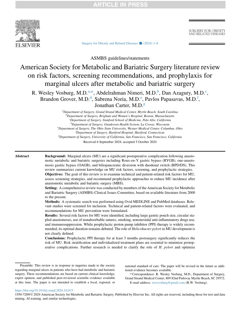 American Society For Metabolic and Bariatric Surgery Literature Review ...
