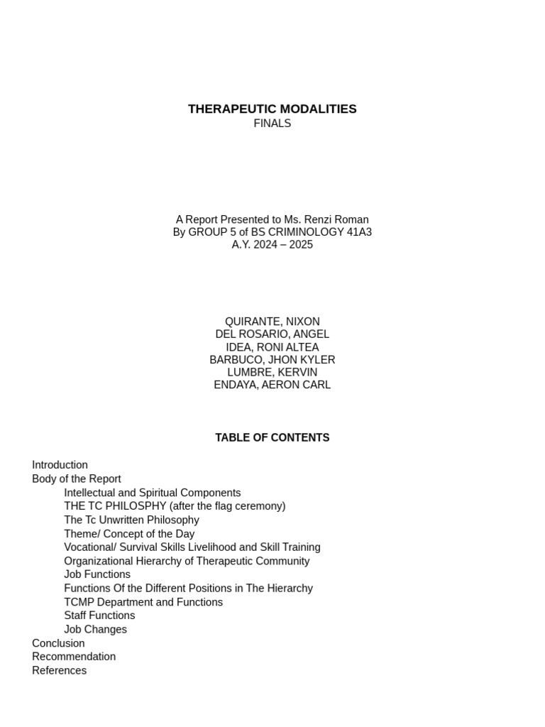 Group 5 Manuscript Therapeutic Modalities (1) | PDF | Housekeeping | Prison