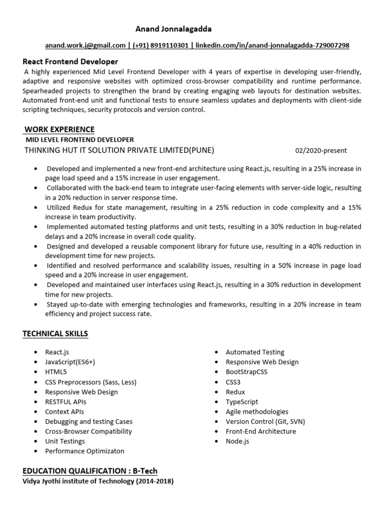 React Frontend Developer Resume | PDF | Web Design | Computer Programming