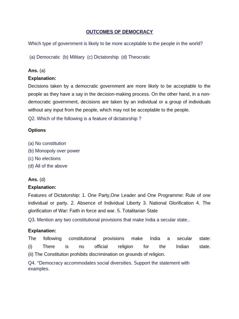 Outcomes of Democracy Answer Key | PDF | Democracy | Political Ideologies