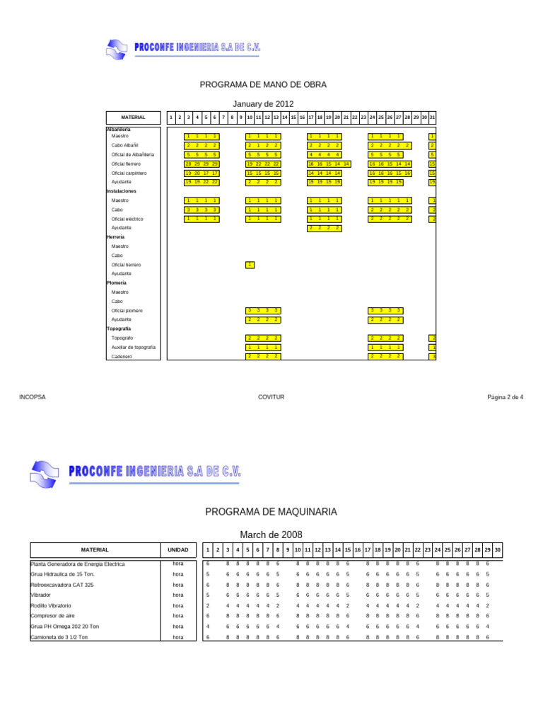Programa de Mano de Obra y Maquinaria | PDF