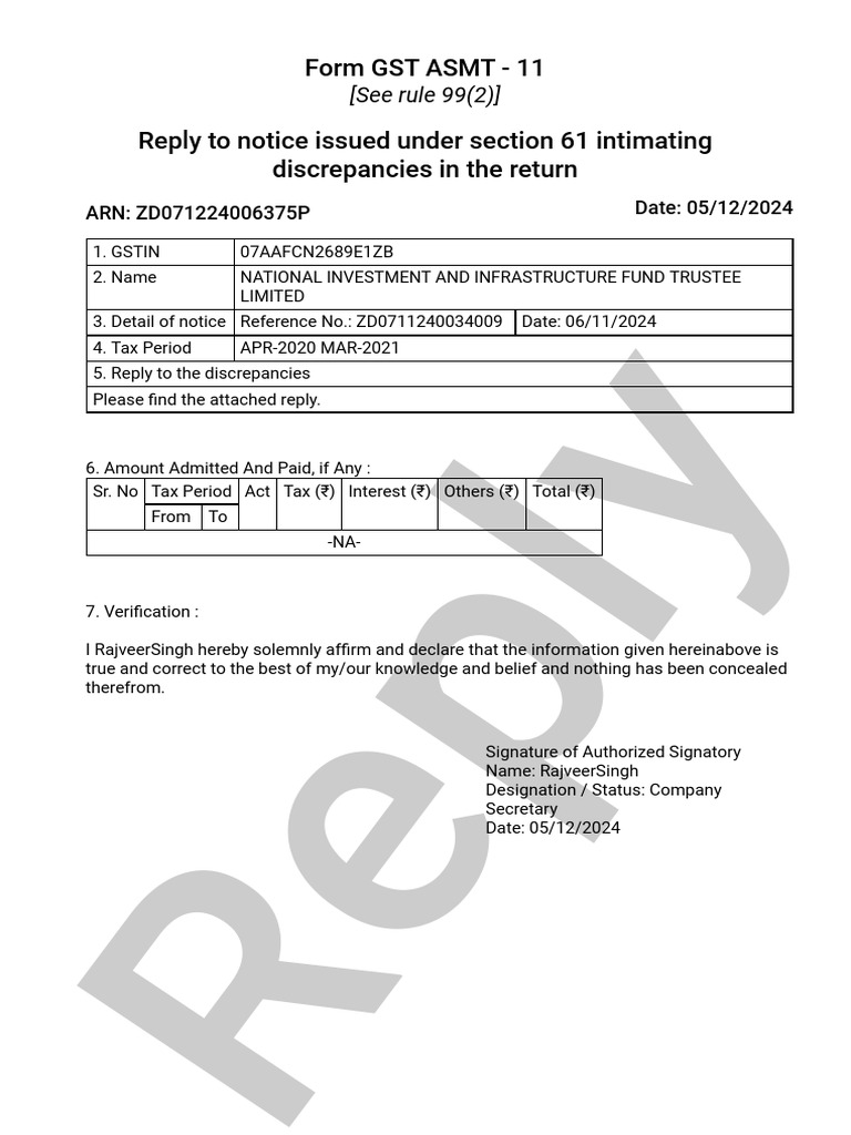 GST ASMT-11 Discrepancy Reply Form | PDF