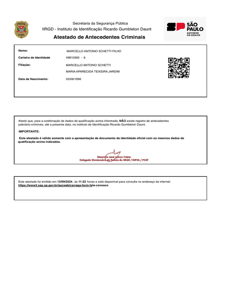 Atestado de Antecedentes Criminais | PDF