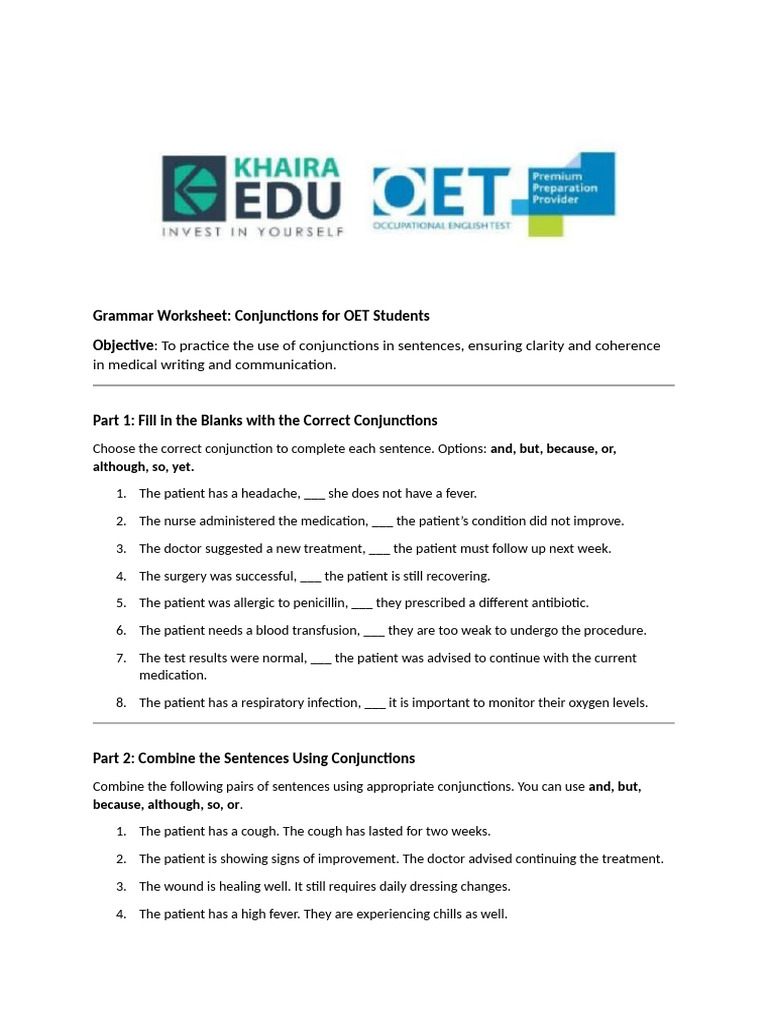 Conjunctions Practice for OET Students | PDF | Patient | Surgery