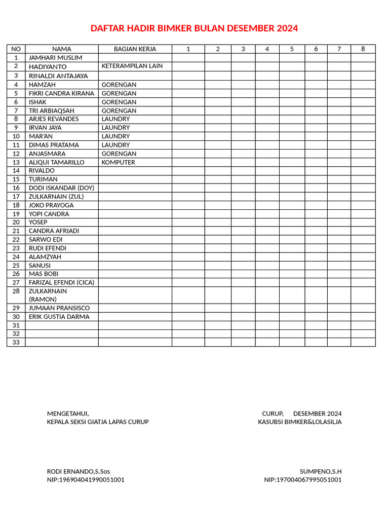 Form Absen Bimker November 2024 | PDF