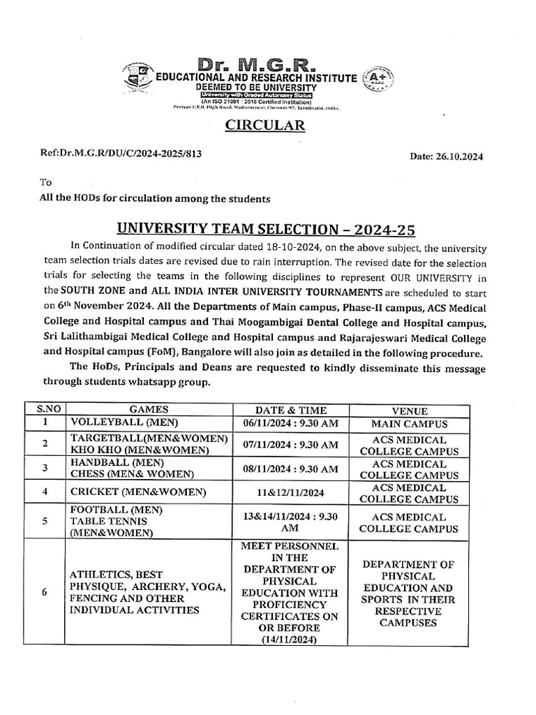 University team selection 2024 25 pdf