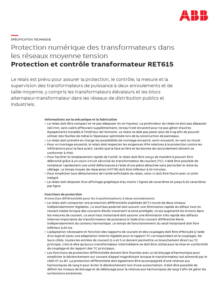 Protection des Transformateurs RET615 | PDF | Transformateur électrique ...