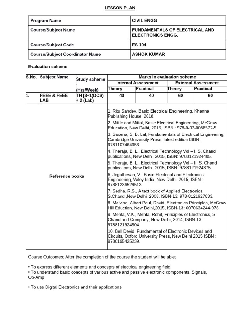 Electrical Engineering Lesson Plan | PDF | Operational Amplifier ...