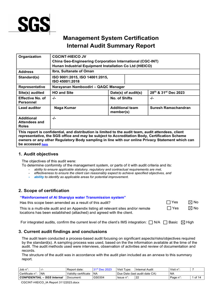 CGCINT-HIEICO - IA Report 31122023 | PDF | Audit | Internal Audit