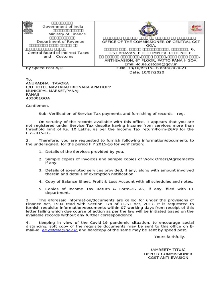 Service Tax Verification Notice Goa | PDF | Taxes | Receipt