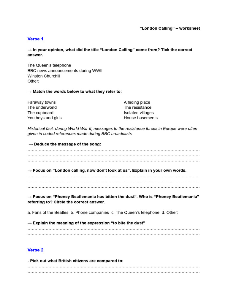 CE - “London Calling” – Worksheet (2) | PDF