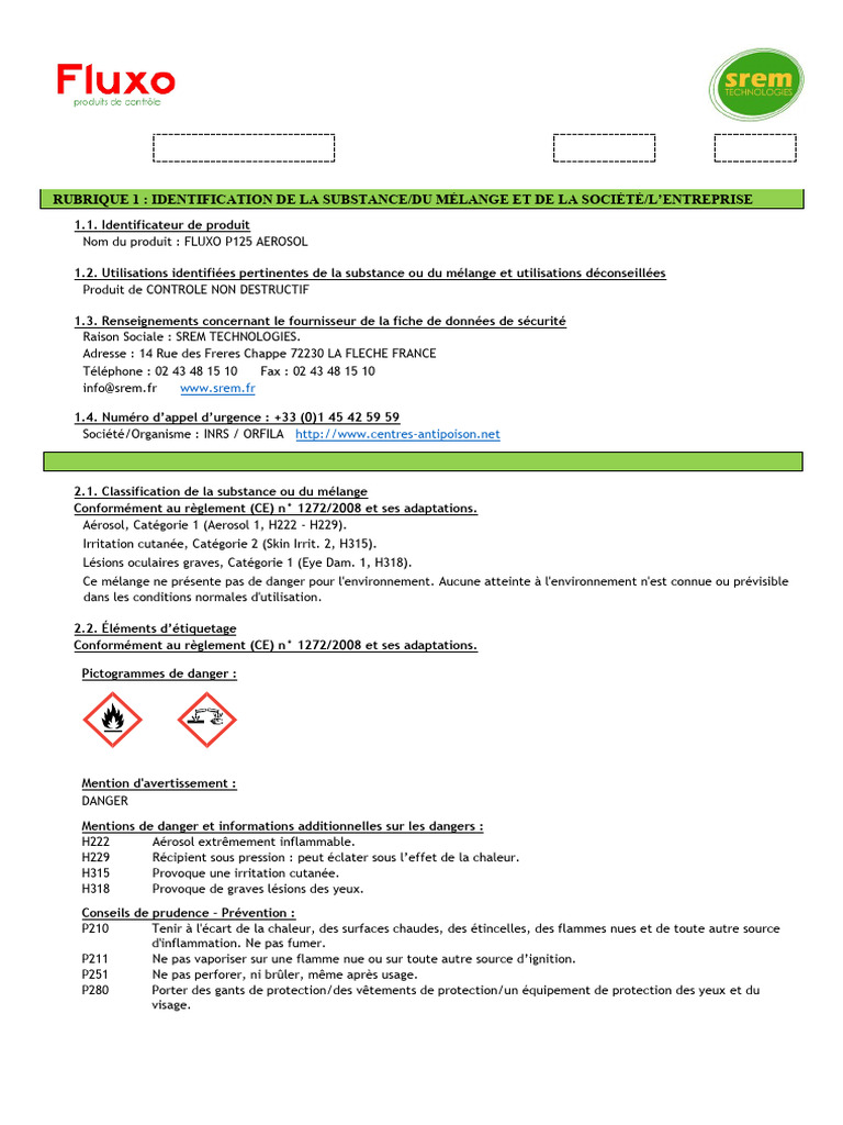 Fiche de données de sécurité FLUXO P125 AERO | PDF | Chimie