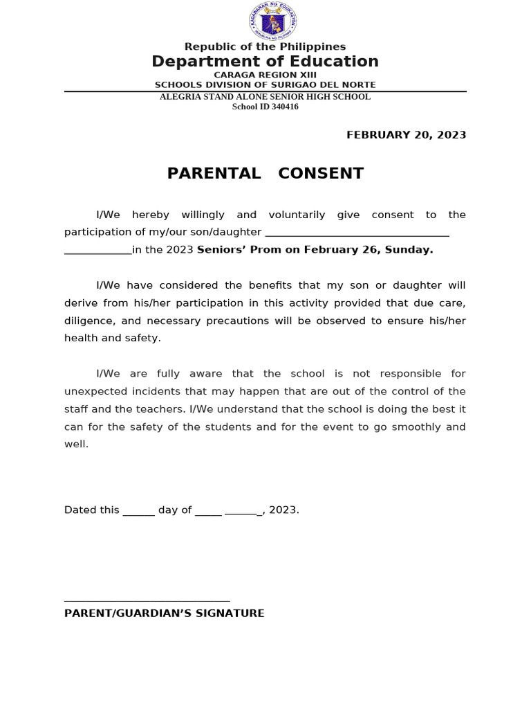 Parental Consent for Senior Prom 2023 | PDF