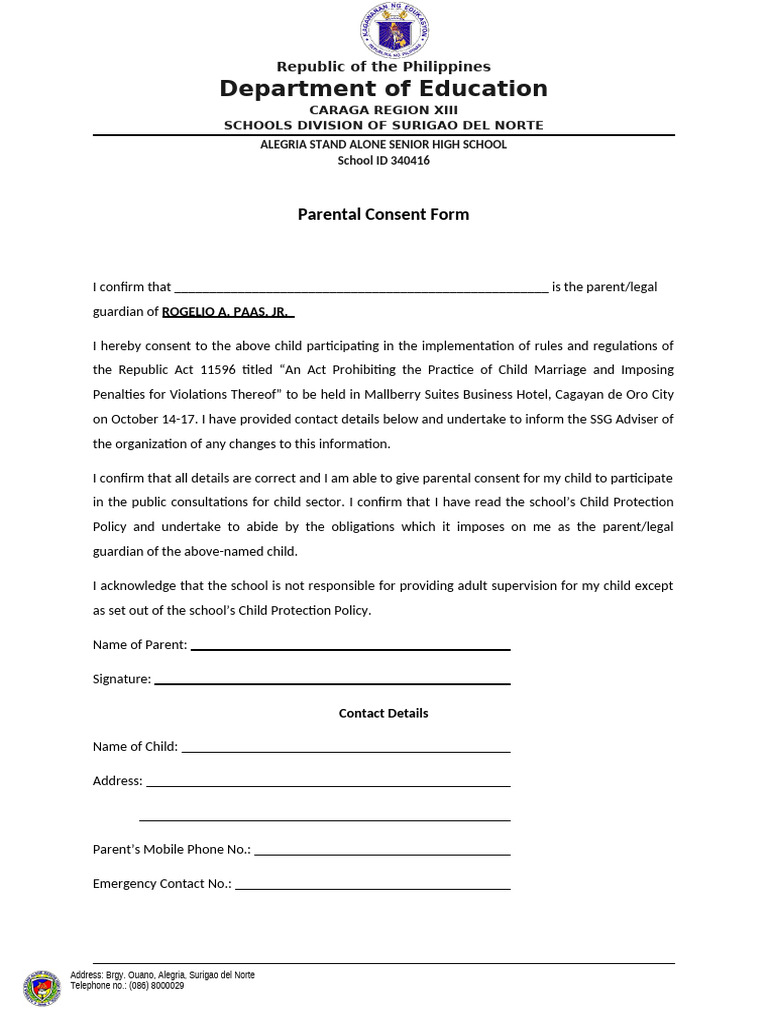 Parent Consent for School Trip | PDF