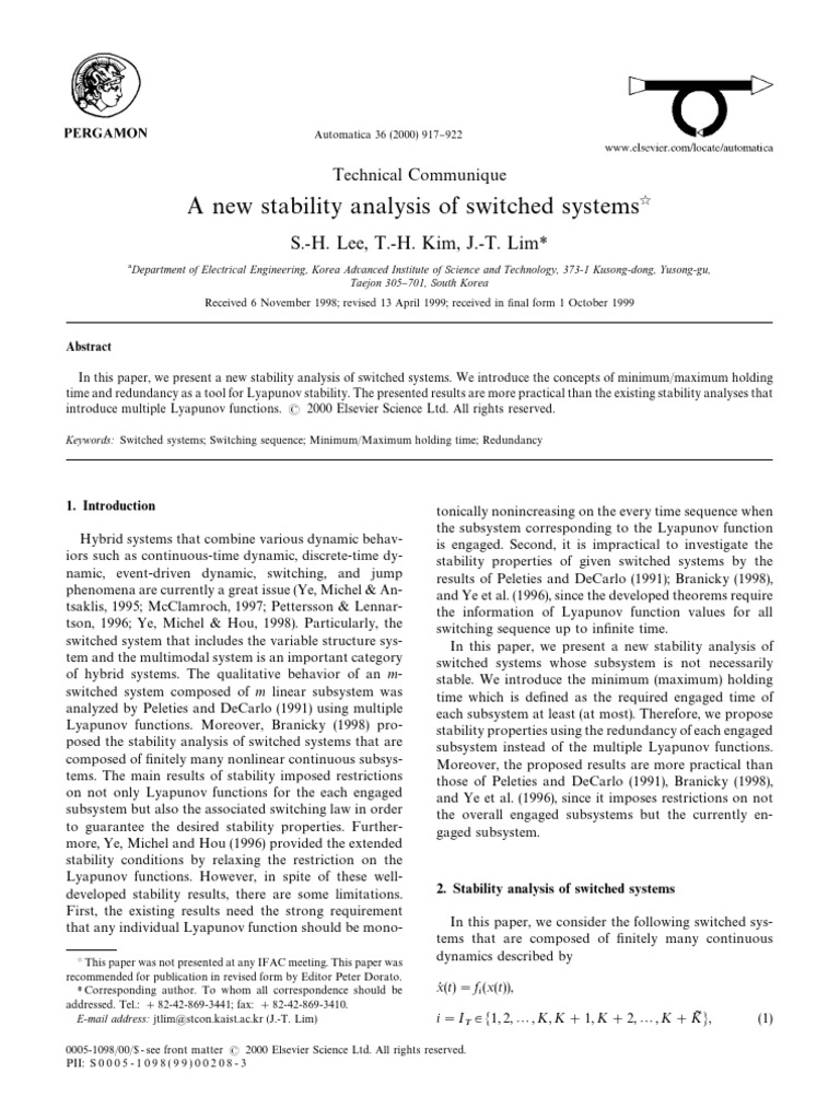 A New Stability Analysis of Switched Systems - 2000 - Automatica | PDF ...