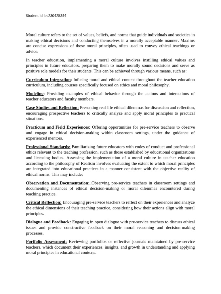 Moral Culture Refers To The Set of Values | PDF | Morality | Teachers