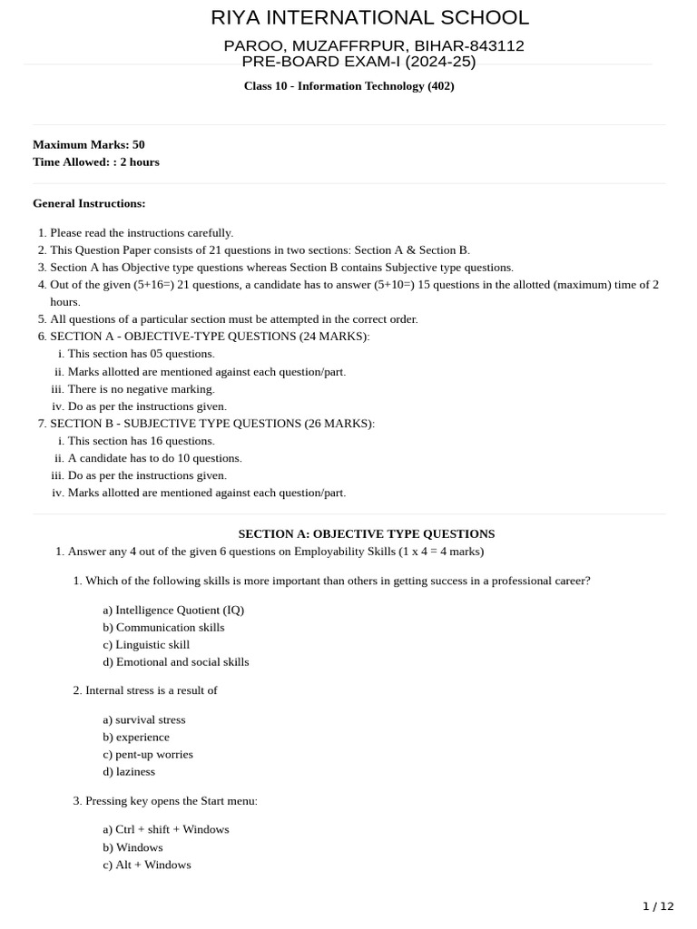 Class 10 IT Sample Paper 2024-25 | PDF | Spreadsheet | Table (Database)