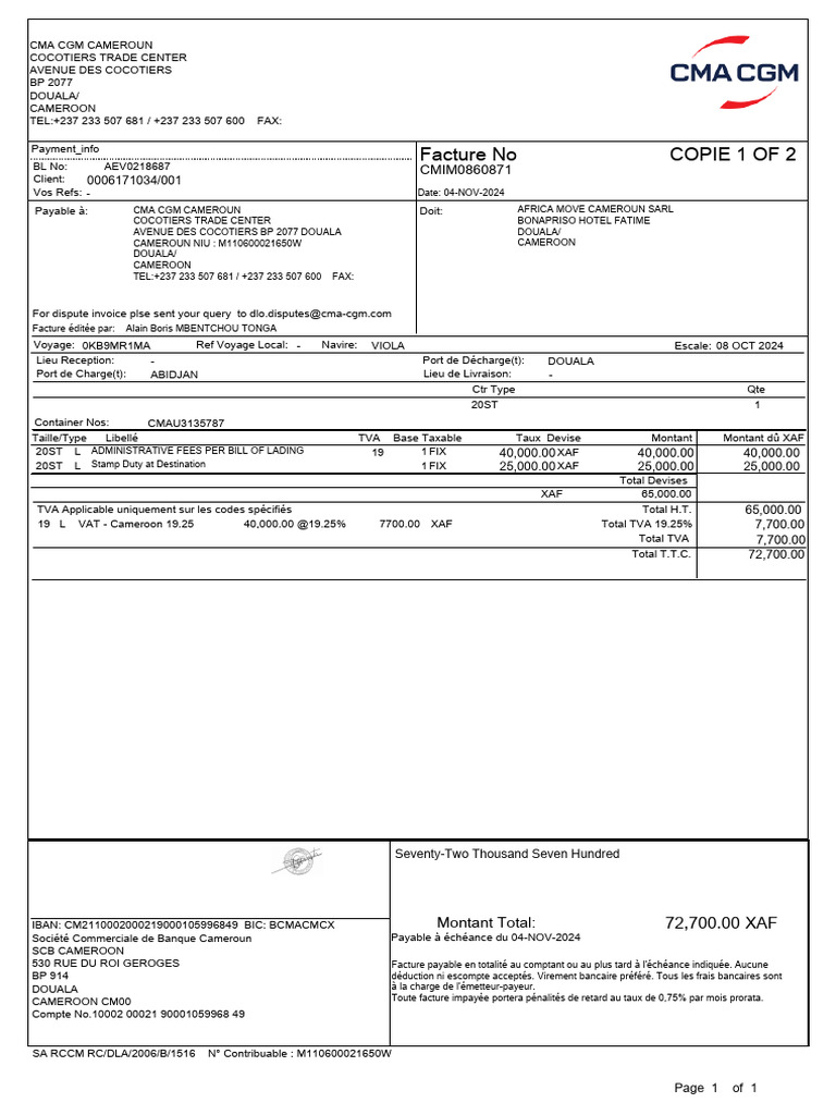 Facture CMA CGM Cameroun - 04 NOV 2024 | PDF | Documents commerciaux ...