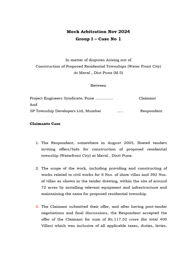 Mock Arbitration Nov 2024 - Group I - Case No 1 - Project Engineers Vs ...