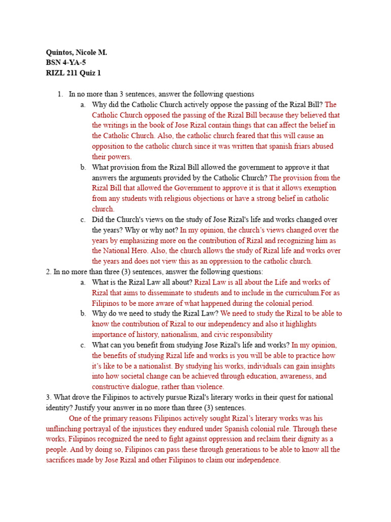 RIZL 211 Quiz 1 | PDF | Nationalism | Catholic Church