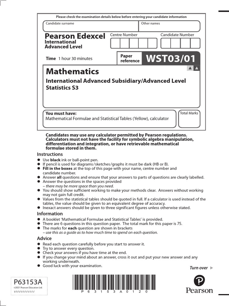 Edexcel A Level Statistics S3 Paper | PDF | Variance | Normal Distribution
