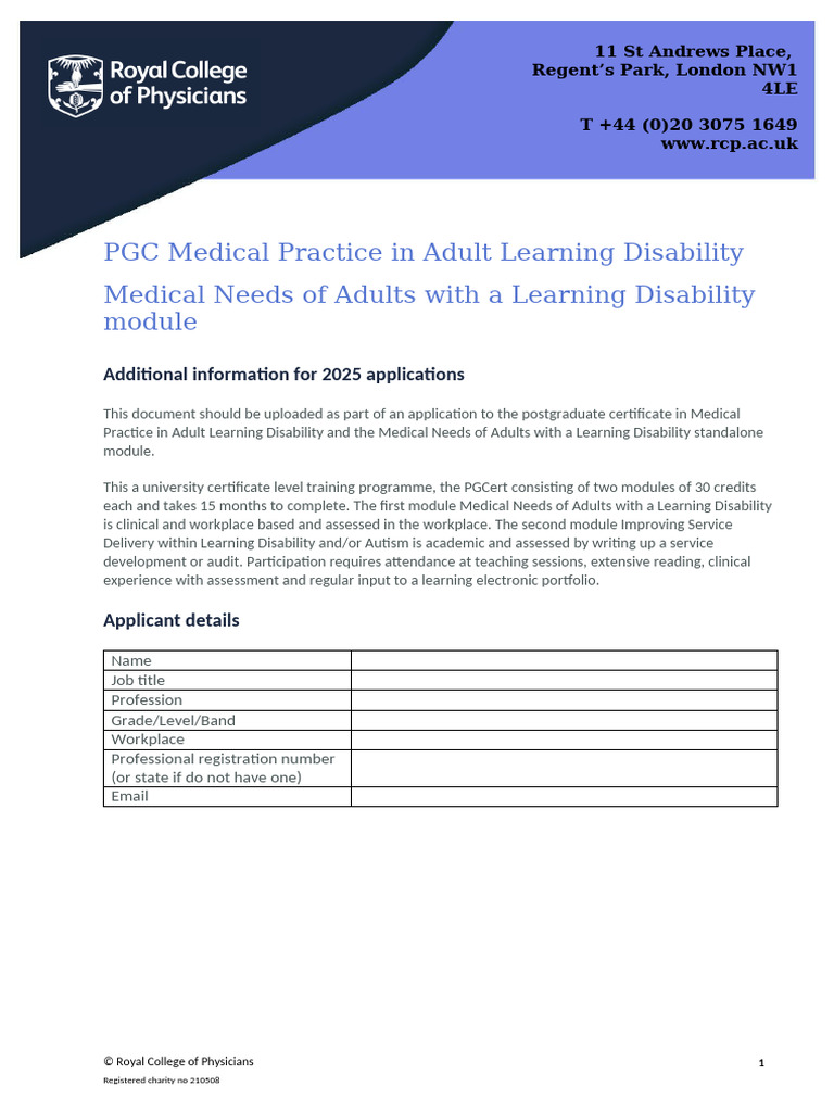 PGC Medical Practice in Adult Learning Disability Applicant Additional ...