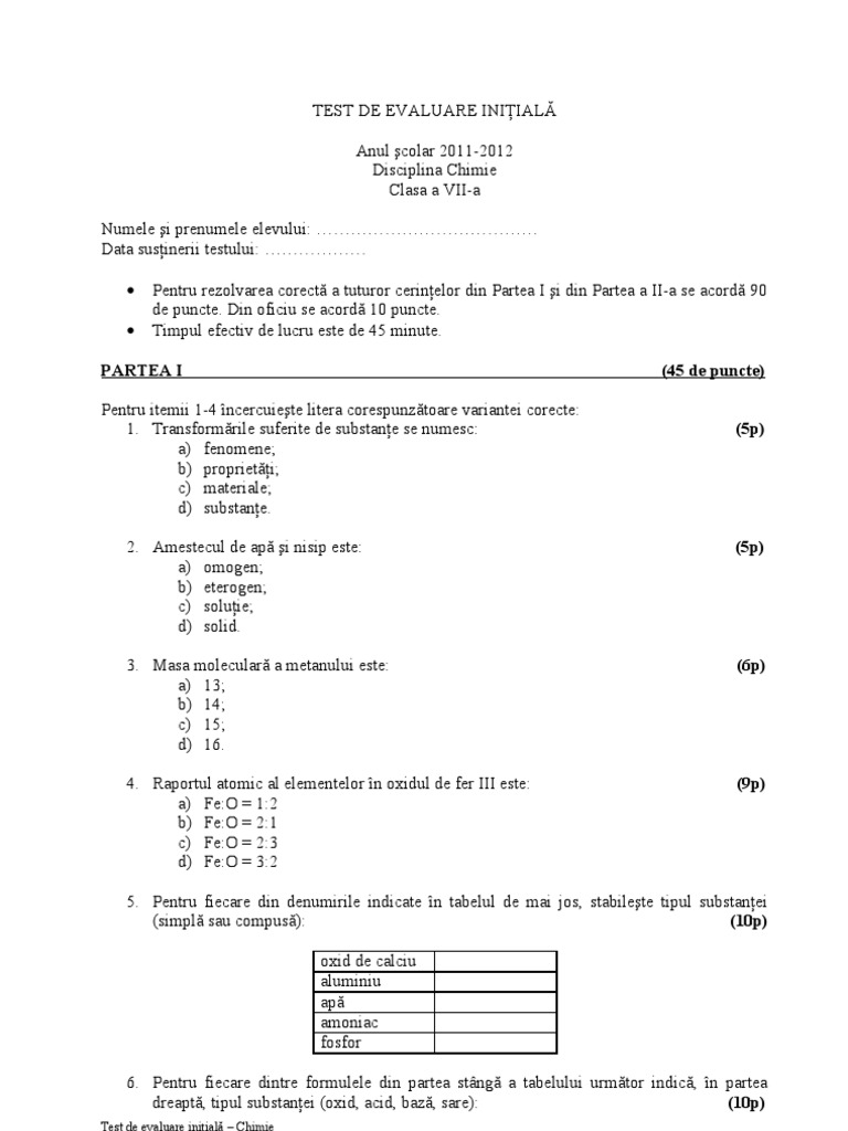 0 Test Initial Chimie Cls 8