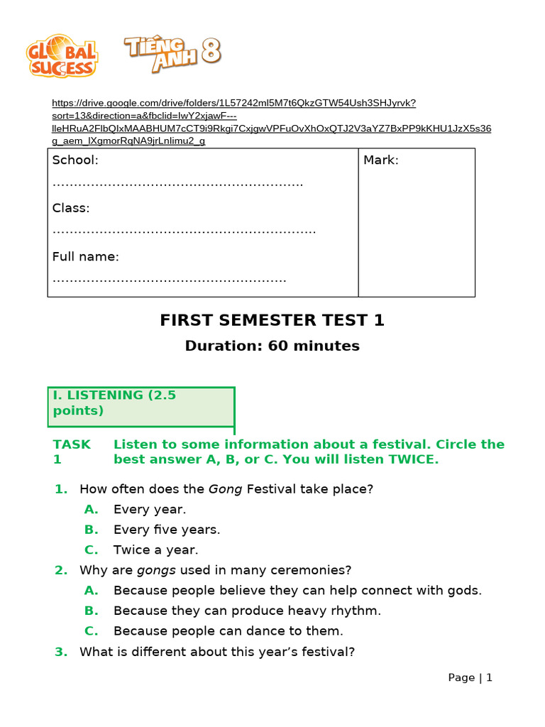Semester Test 1 (Semester 1) | PDF