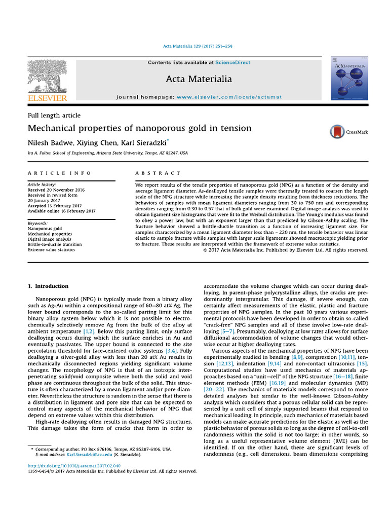 1 - Mechanical Properties of Nanoporous Gold in Tension | PDF