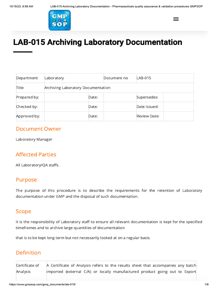 LAB-015 Archiving Laboratory Documentation - Pharmaceuticals Quality ...