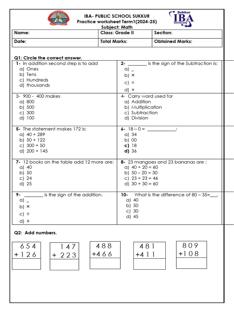 Grade II Math Practice Worksheet 2024-25 | PDF | Arithmetic | Mathematics