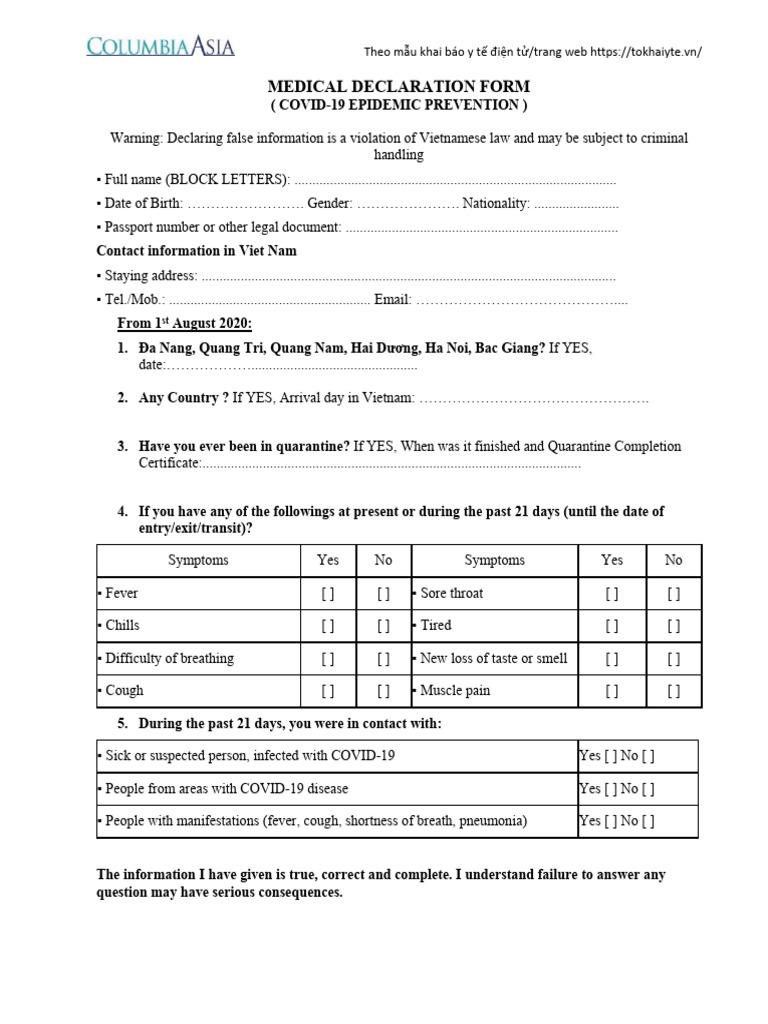 Columbia Asiana - Medical Declaration | PDF | Immunology | Medicine