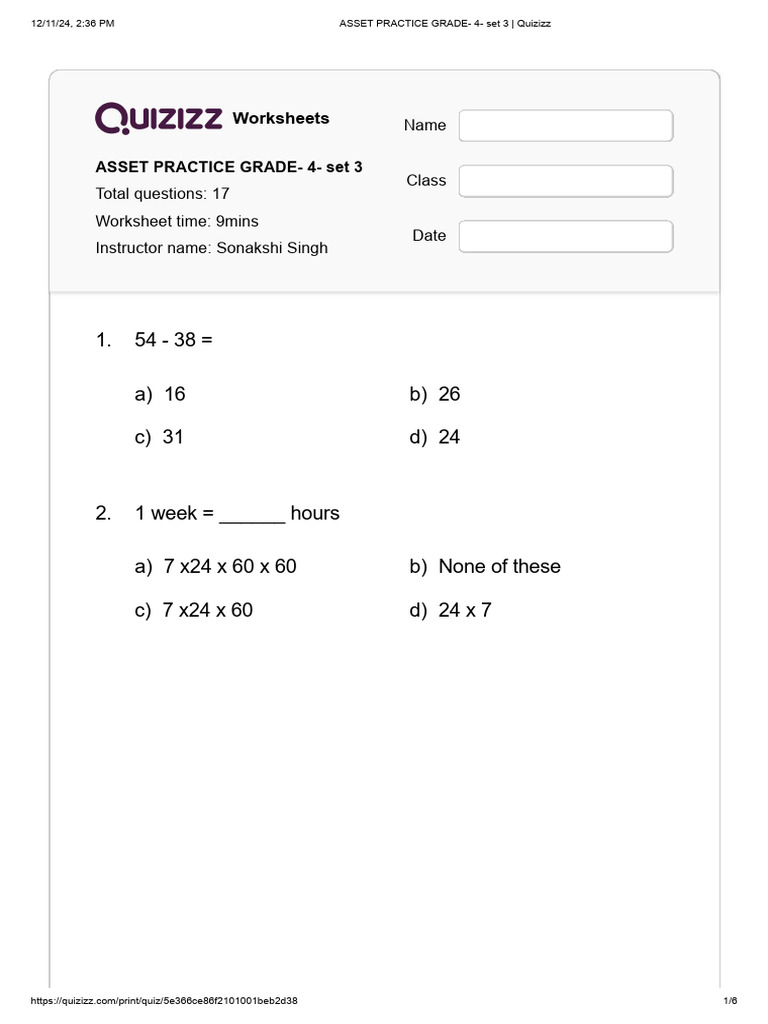 ASSET PRACTICE GRADE - 4 - Set 3 - Quizizz | PDF | Mathematics
