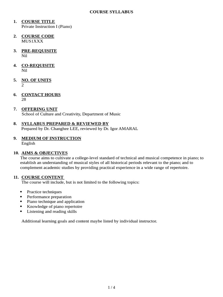 Piano Instruction Course Syllabus | PDF | Learning | Human Communication