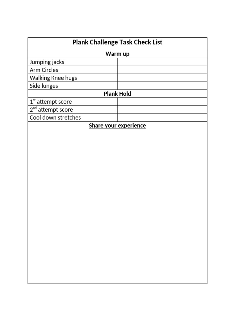 Plank Challenge Checklist & Tips | PDF