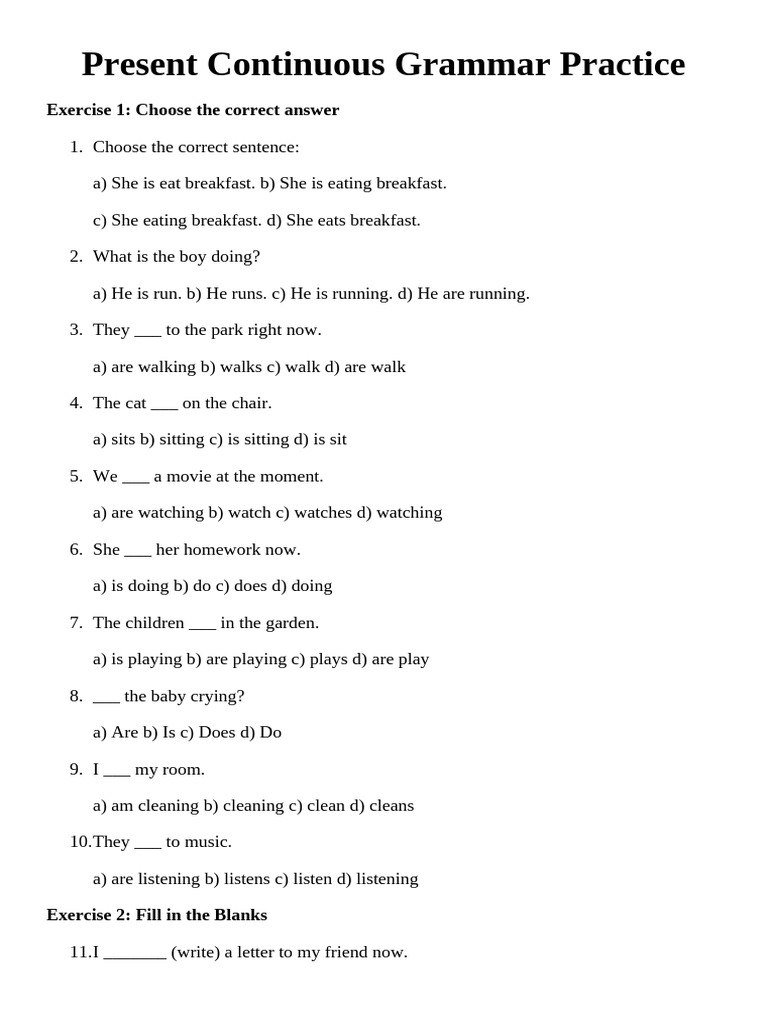 Present Continuous Grammar Exercises | PDF